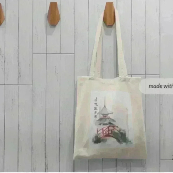 Mahjong inspired print of a bridge and tower recycled canvas tote bag - Picture 3 of 6